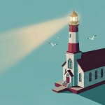 Church building with a lighthouse tower instead of a steeple shining a beam of light.