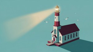 Church building with a lighthouse tower instead of a steeple shining a beam of light.