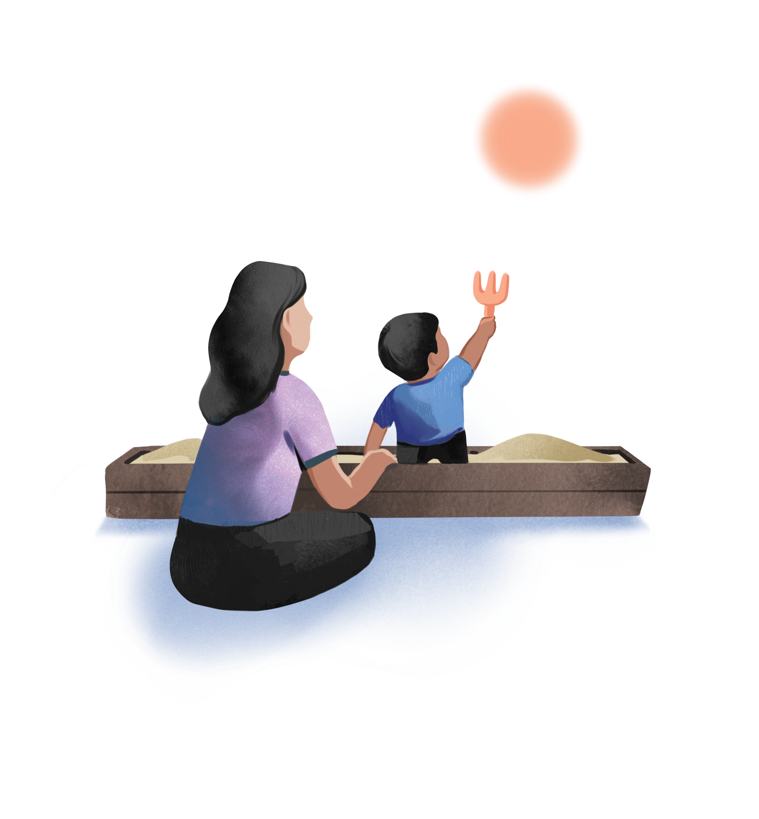 Mother sitting beside a sandbox while a child reaches up with a toy toward the sun.