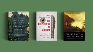 Three books on a green background.