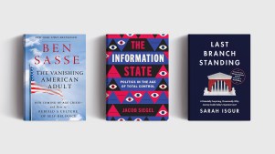 Three books on a gray background.