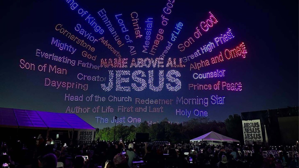 People attend the Easter drone show at The Church on Masters Road in Manvel, Texas.