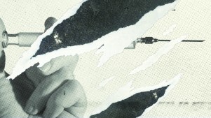 Black-and-white collage of a hand holding a syringe, printed over a ripped paper.