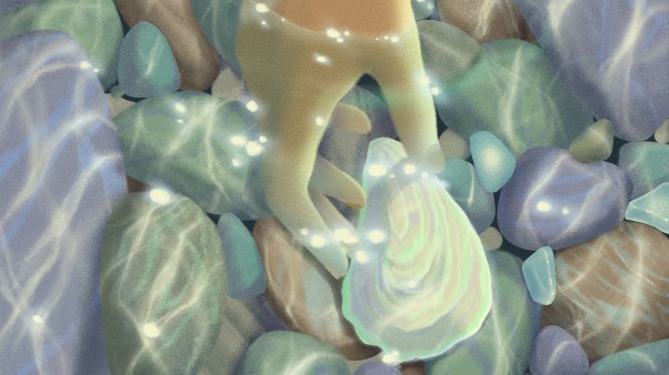 Illustration of a hand picking a glowing shell from a pile of smooth, iridescent sea stones.