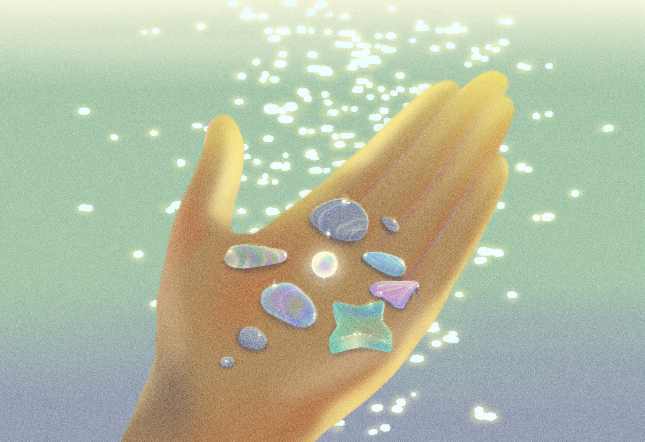 Illustration of a hand holding small colorful pieces of sea glass and shells above sparkling water.