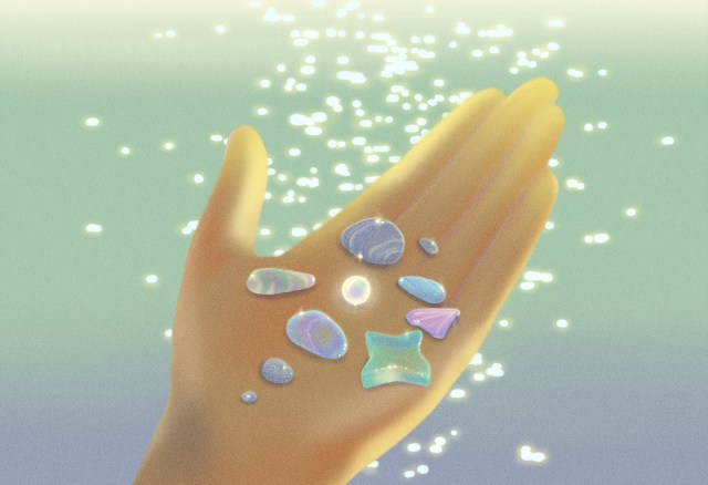 Illustration of a hand holding small colorful pieces of sea glass and shells above sparkling water.