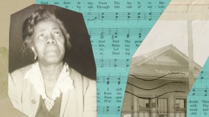 A collage of Lucie Campbell, a song she wrote, and her hometown.