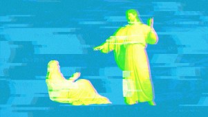 An image of Jesus helping a woman, with a glitchy computer texture and binary code.