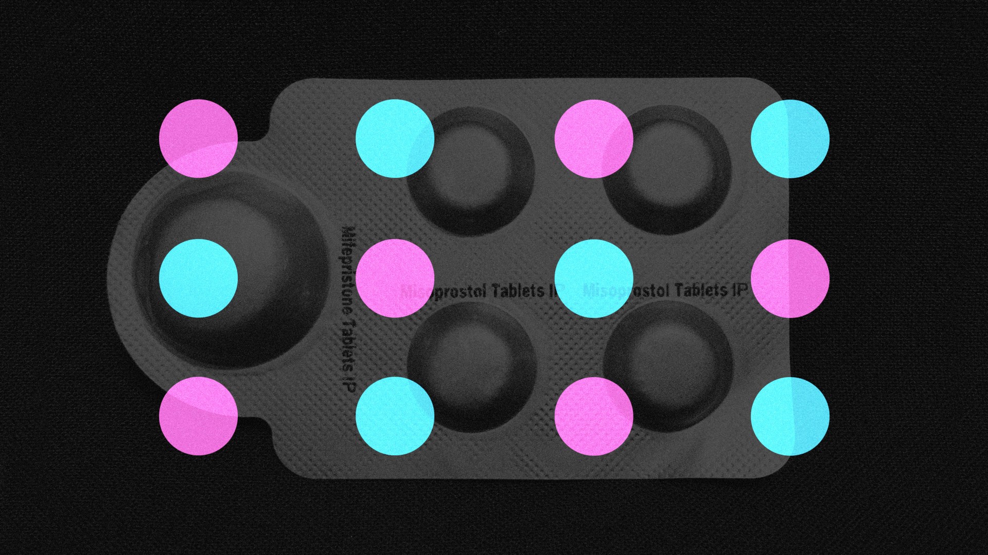 A packet of abortion pills with pink and blue circles around it.