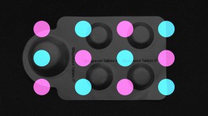 A packet of abortion pills with pink and blue circles around it.