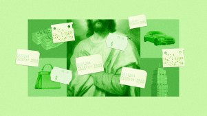 A collage of Jesus, price tags, and material goods.