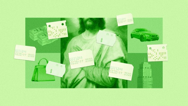 A collage of Jesus, price tags, and material goods.