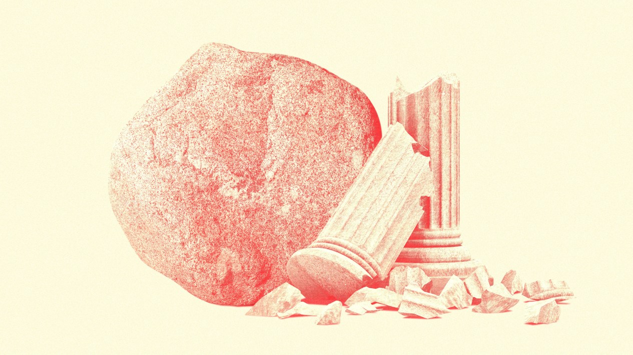 The stone from Jesus' tomb crushing a Roman pillar.