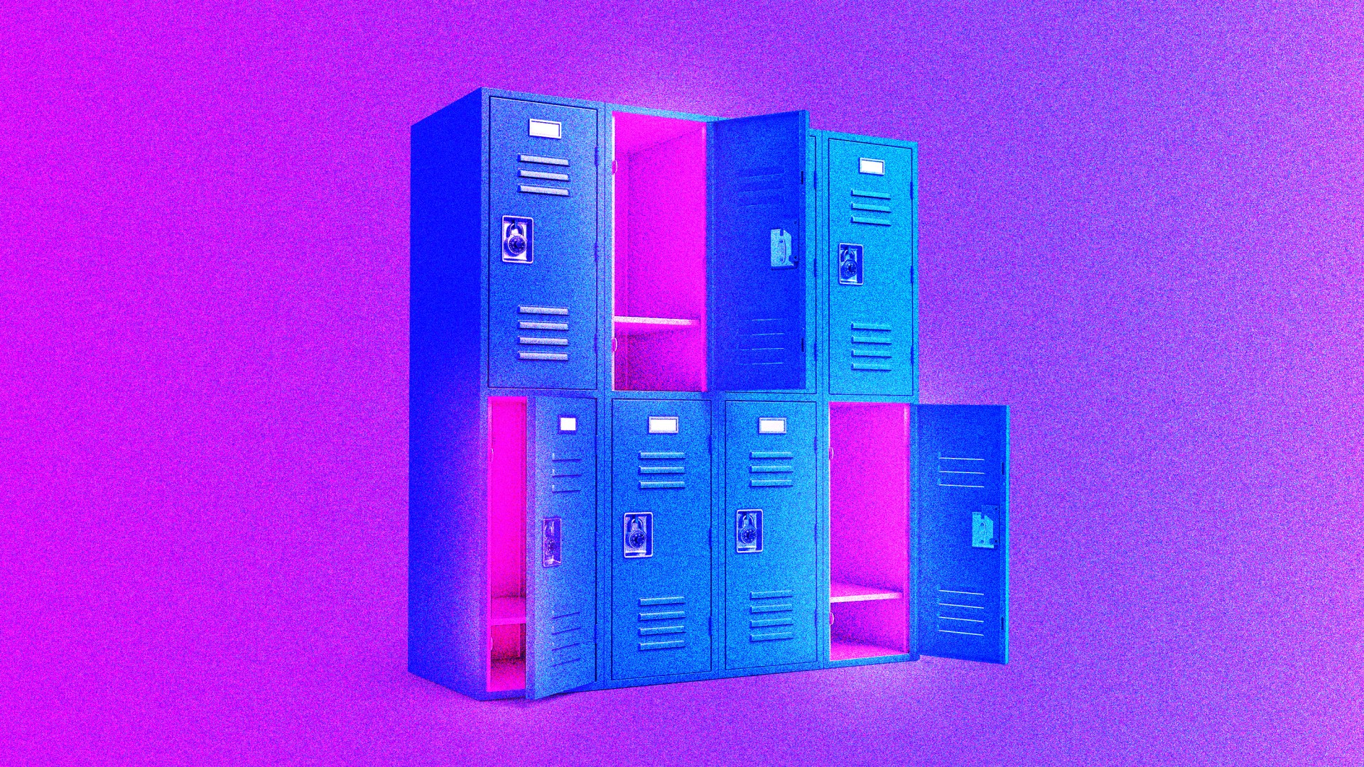 Blue school lockers, some are open to reveal pink interiors.