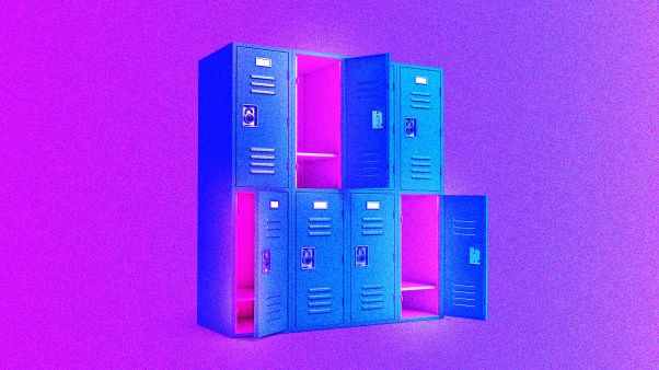 Blue school lockers, some are open to reveal pink interiors.