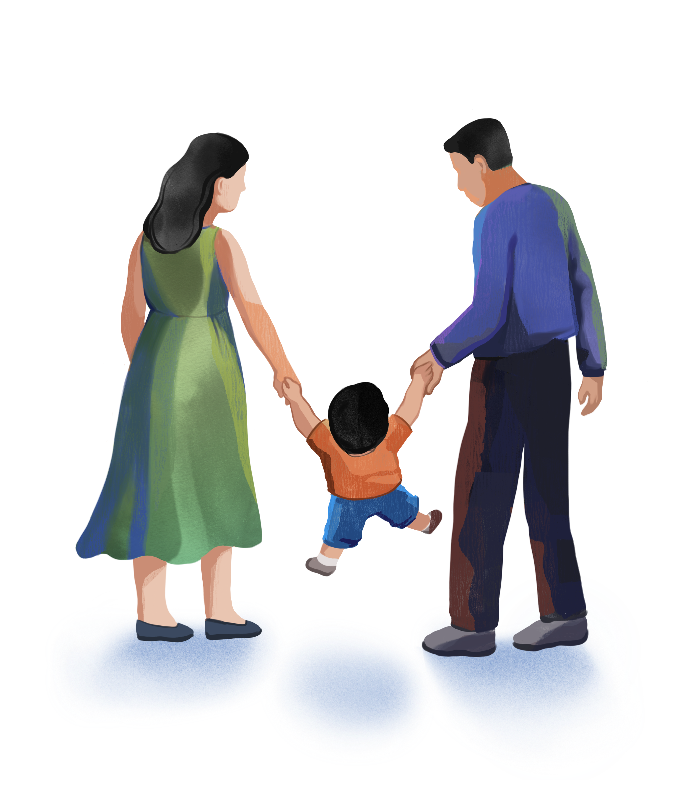 Parents holding their child’s hands and lifting the child while walking together.