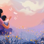 Mother holding a child while watching butterflies in a colorful flower field at sunset.
