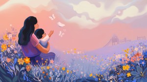 Mother holding a child while watching butterflies in a colorful flower field at sunset.