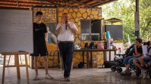 Pastor Mazen Hamate during a back-to-school event that his church hosted for Syrian children in September 2025.