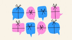 Several text bubbles with gift ribbons around them.