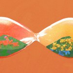 An hourglass on its side with flowers growing inside it.