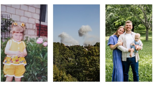 Images of the Gidenko family and war-torn Ukraine.