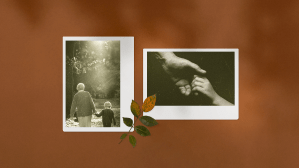 Two vintage Polaroid photos on a terracotta background showing an elderly person and child holding hands — one walking through a forest, the other a close-up of their joined hands — with an autumn leaf branch between them.