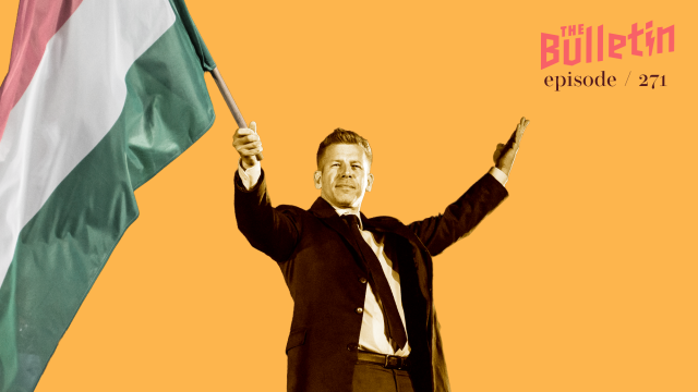 Prime minister elect Peter Magyar holding the Hungarian flag.