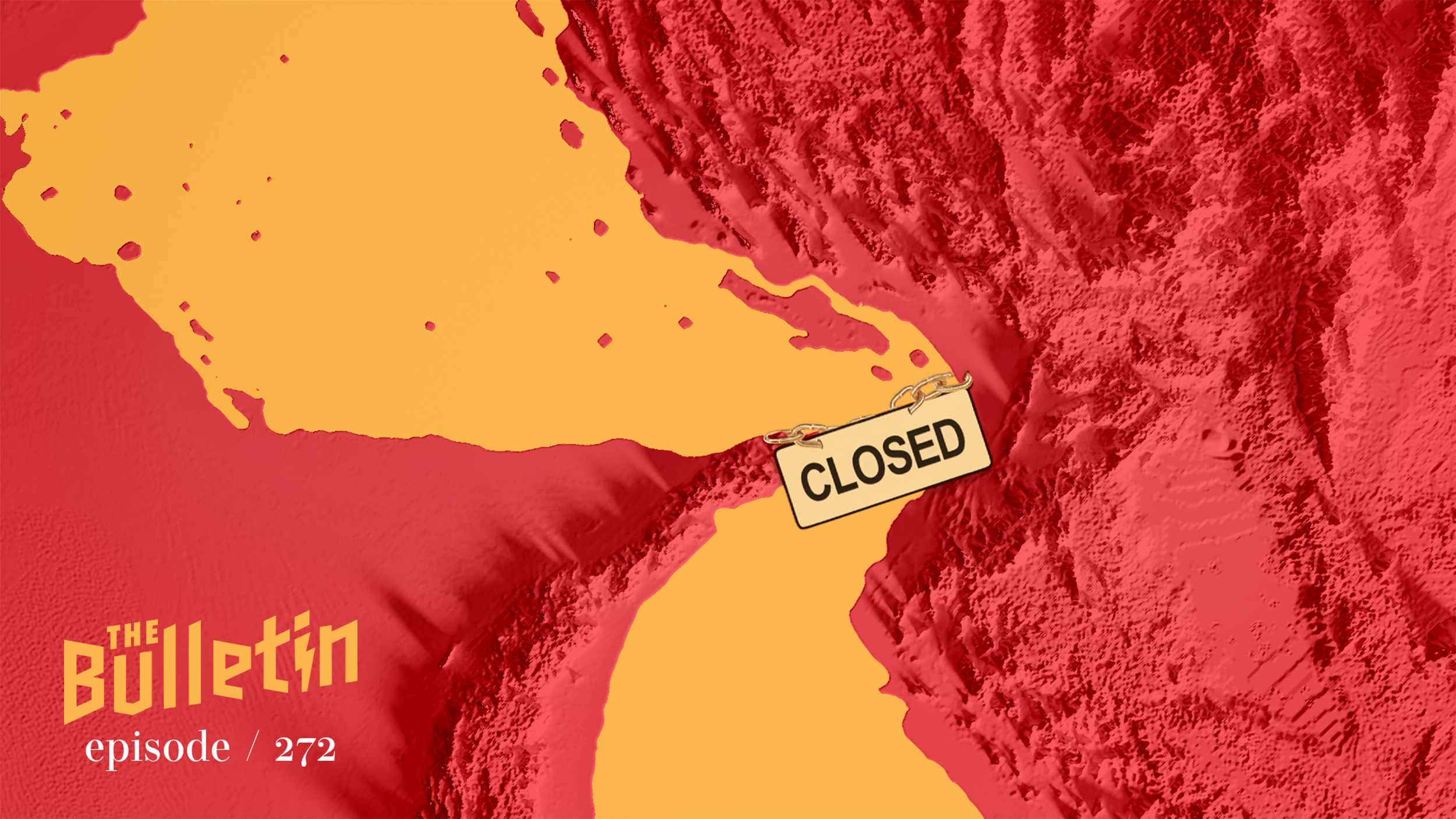 Arial view of the Strait of Hormuz with a "closed" sign on it.