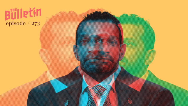 Overlapping multicolored images of FBI director Kash Patel.