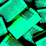 A pile of blurry green digital-textured books.