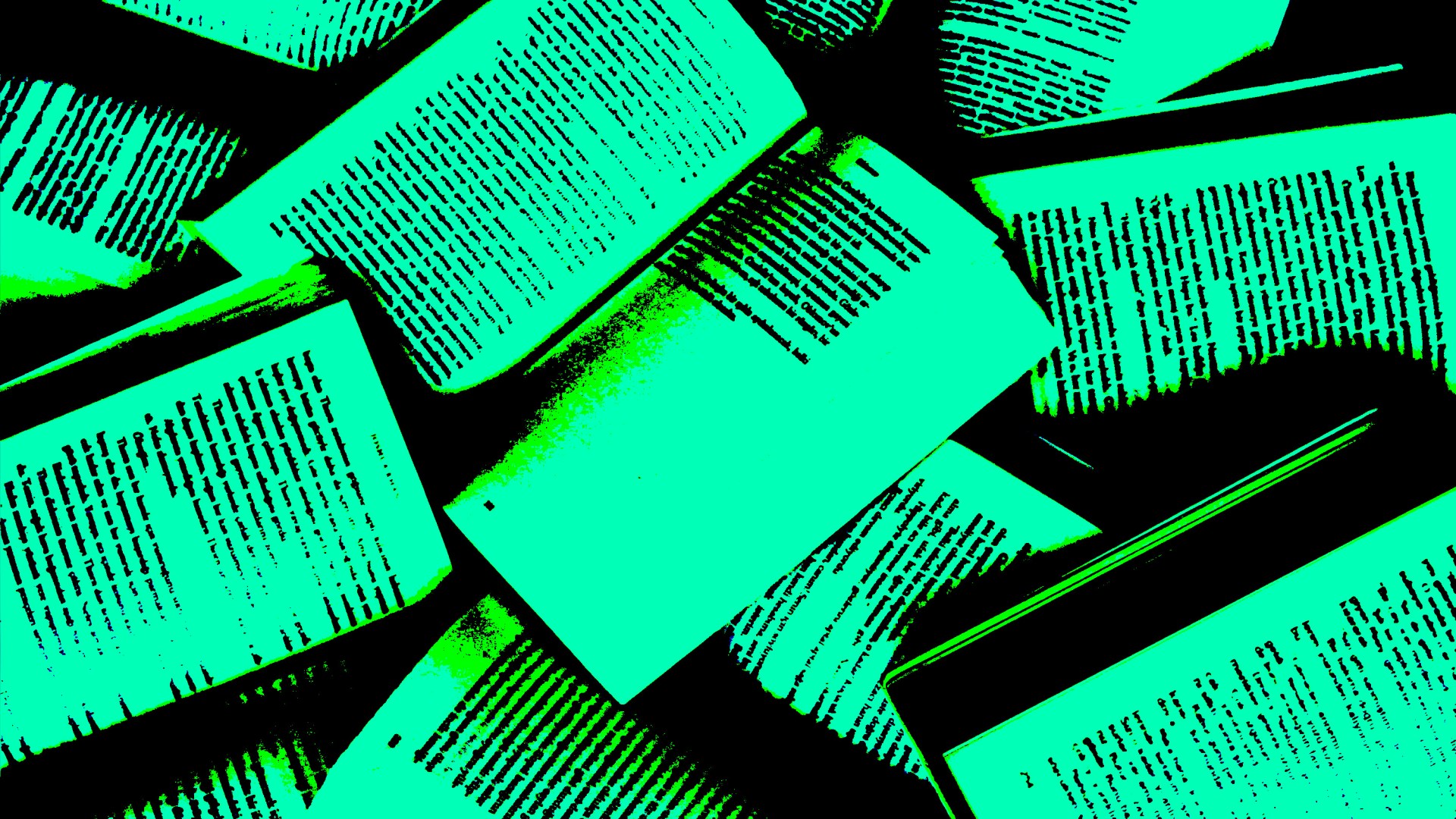 A pile of blurry green digital-textured books.