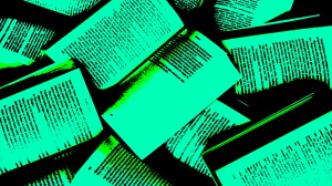 A pile of blurry green digital-textured books.