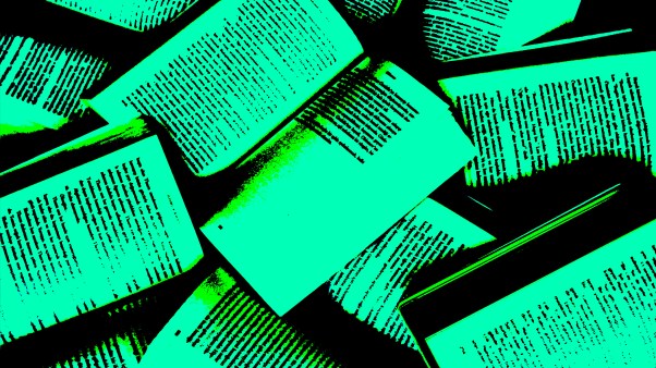 A pile of blurry green digital-textured books.