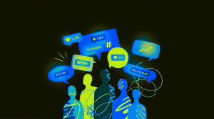A group of people speaking in hashtags and social media phrases.