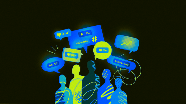 A group of people speaking in hashtags and social media phrases.