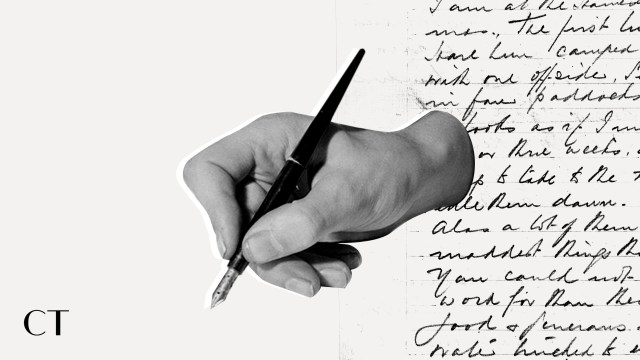 An illustration of a hand holding a calligraphy pen with a hand written letter in the background