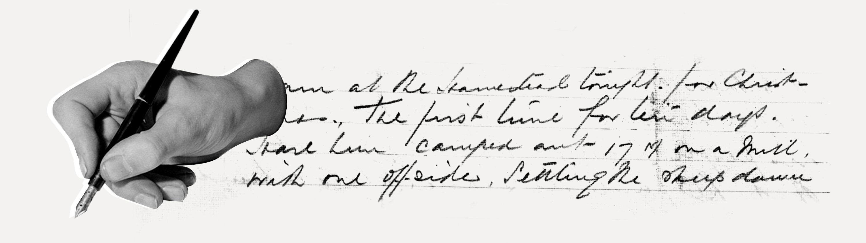An illustration of a hand holding a calligraphy pen with a hand written letter in the background