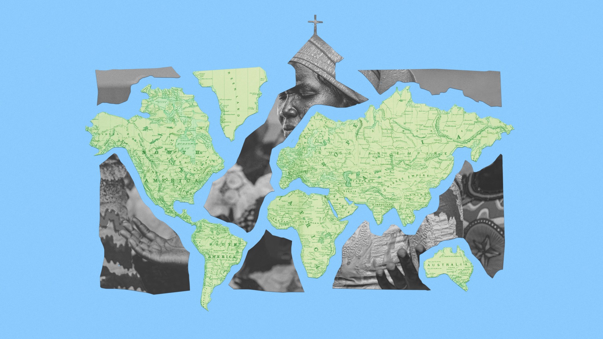 A world map and a black congregation.