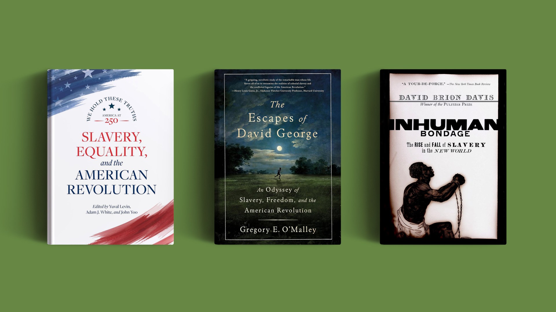 Three books on a green background.