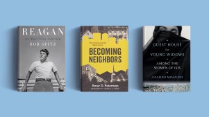 Three books on a blue background.