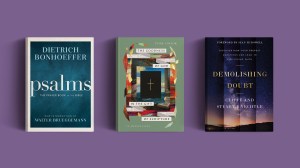 Three books on a purple background.