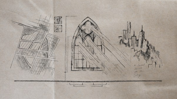 Sketches of ciy map, stained glass window with light beams shining through, and city view of buildings.