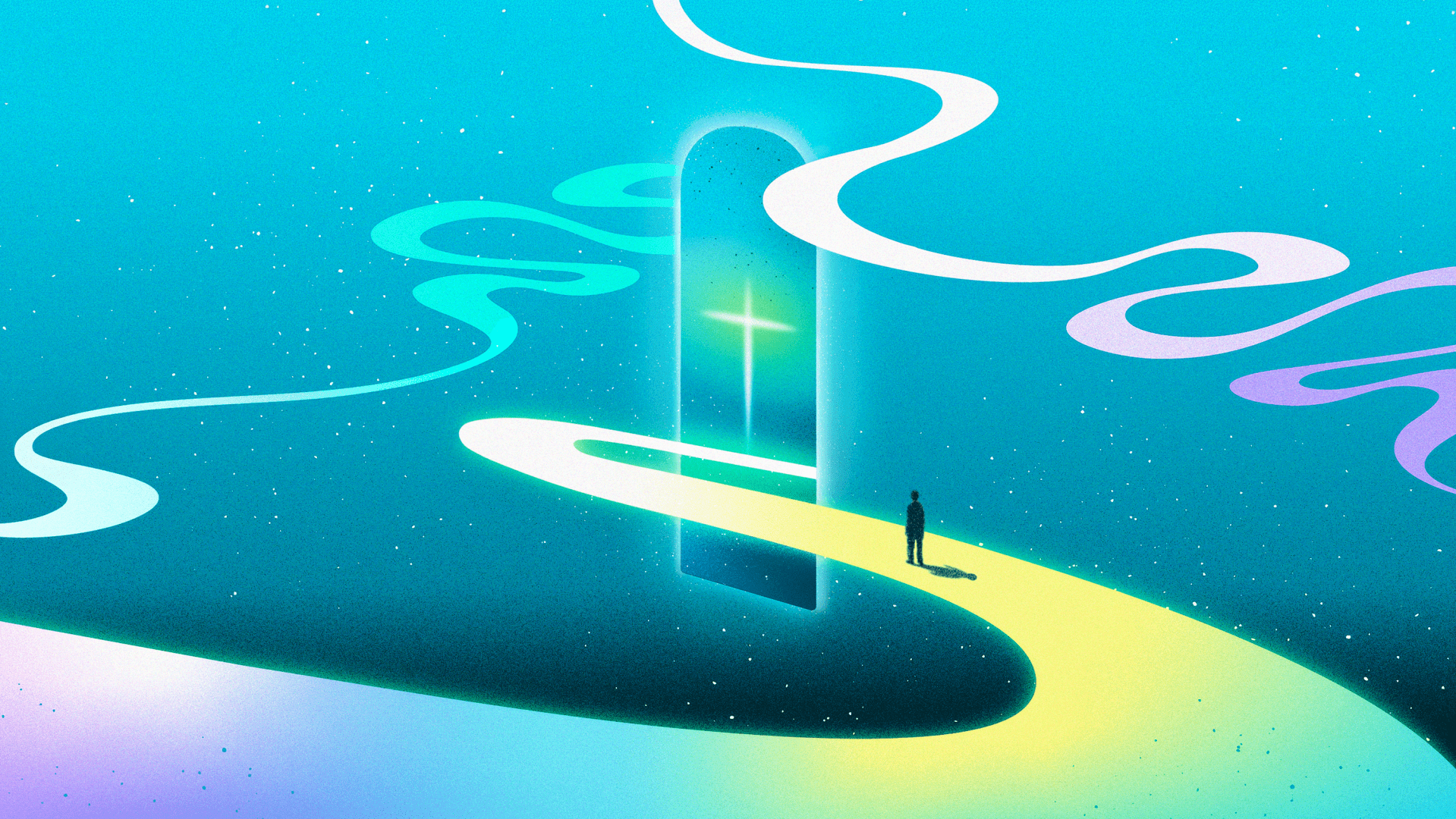 A glowing path toward a cross.