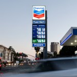High gas prices are displayed at a downtown Chevron station on March 3, 2026 in Los Angeles, California.
