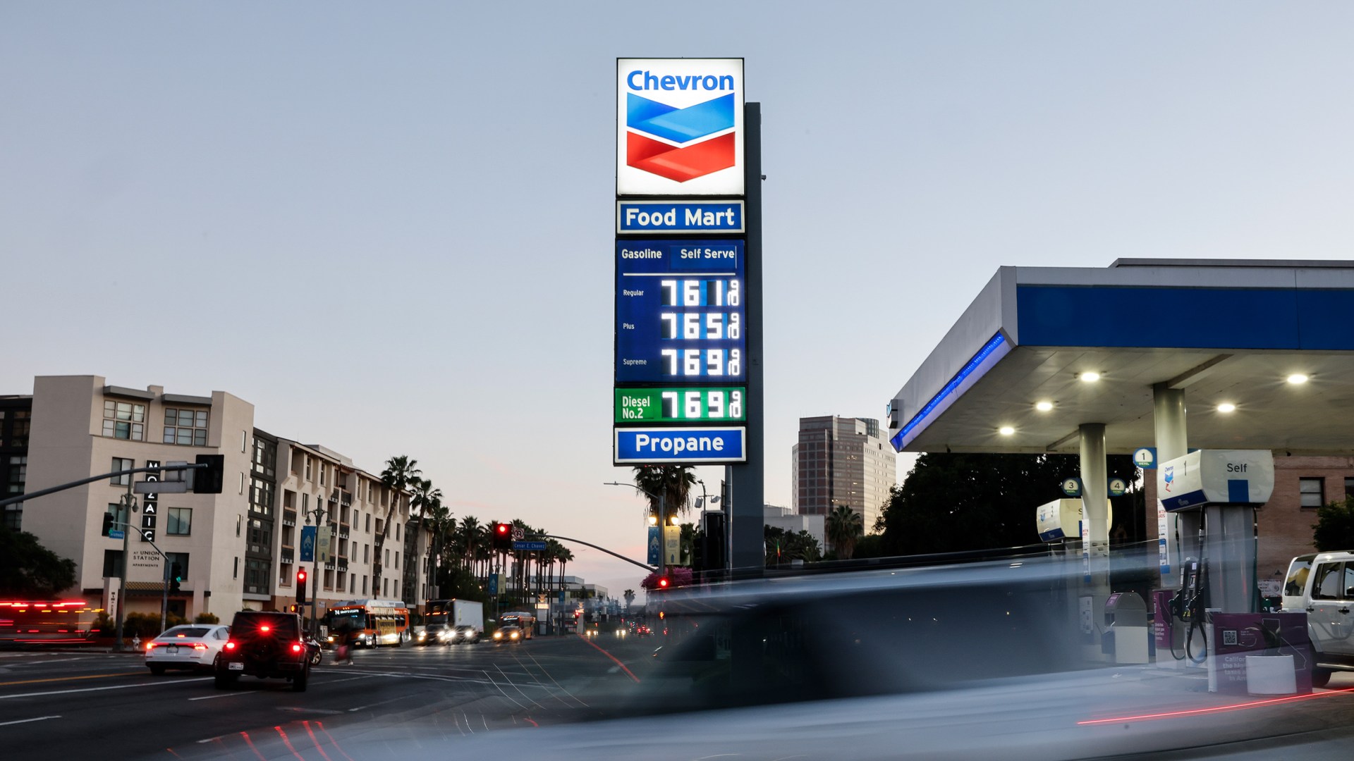 High gas prices are displayed at a downtown Chevron station on March 3, 2026 in Los Angeles, California.