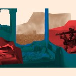 Iranian soldiers, rubble, and a person praying.