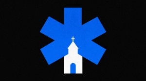 A hospital sign with a church on it.