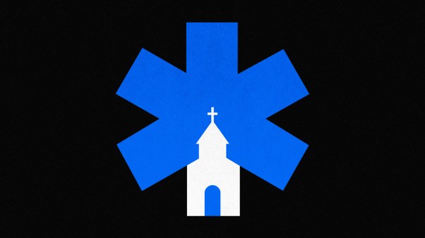 A hospital sign with a church on it.