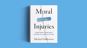 A book on a blue background.